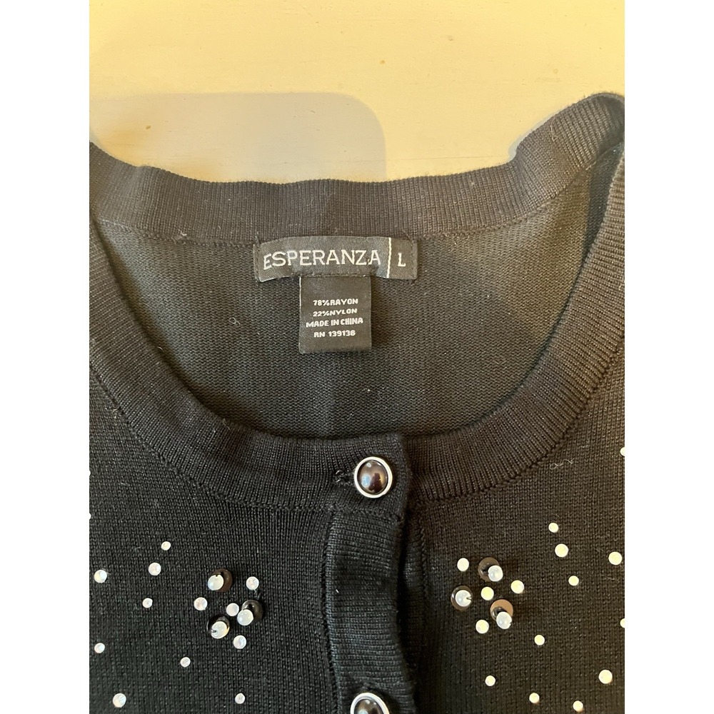 Esperanza Black Pearl Embellished Button Front Cardigan Sweater Womens Large‎ L - Picture 3 of 4